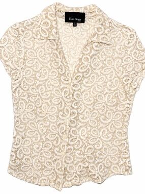 Evan Picone Petite Cream Lace Button-Front Short Sleeve Blouse Size6P CareerChic